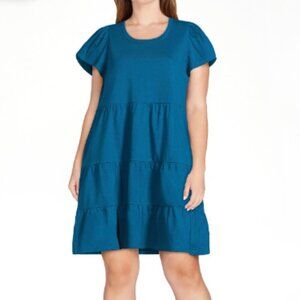 NWT Time and Tru Women's Blue Short Sleeve Tiered Knit Dress, size L (12-14)